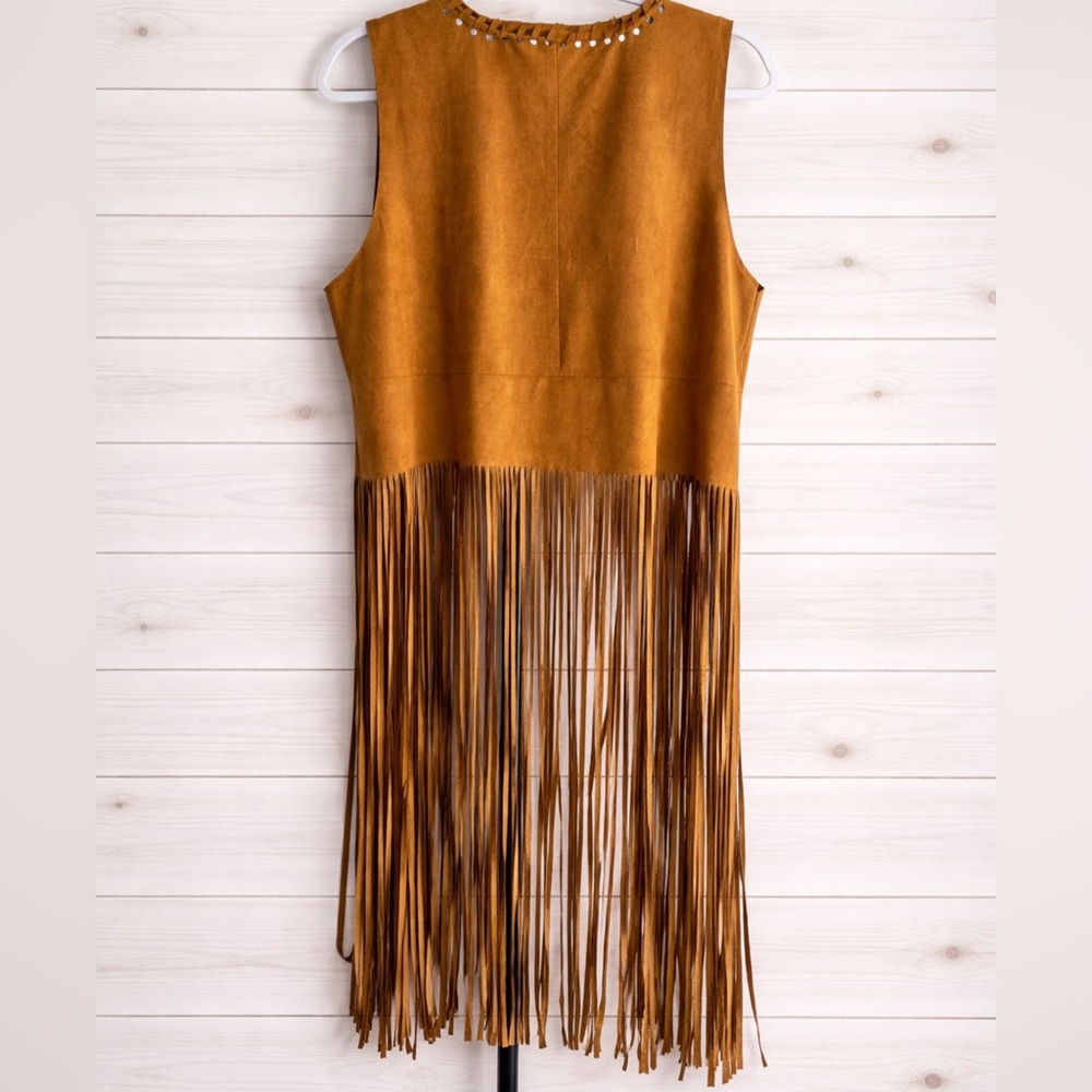 Boho Faux Suede Camel Long Fringe Western Festival Duster ~ Size Large - Picture 8 of 16